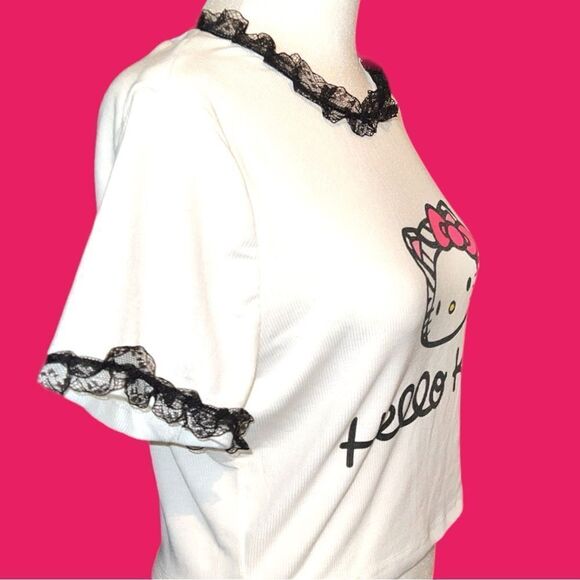 Shein/ hello kitty white ribbed crop top with black lace trim! New - Picture 5 of 9
